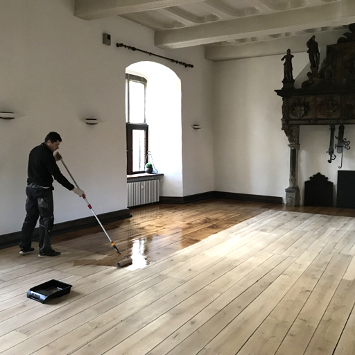 Hartwachsöl mit der Ölrolle auf den Holzboden auftragen