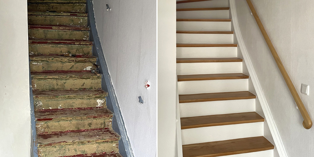 Teppichkleber von Holztreppe entfernen: Vorher nachher Treppenrenovierung Recklinghausen
