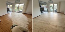 Dielen aus Kiefernholz aufhellen: Links der Raum mit altem Kiefernholzboden, der zum Teil geschliffen ist. Rechts das Bild nachher mit aufgehellten Dielen.