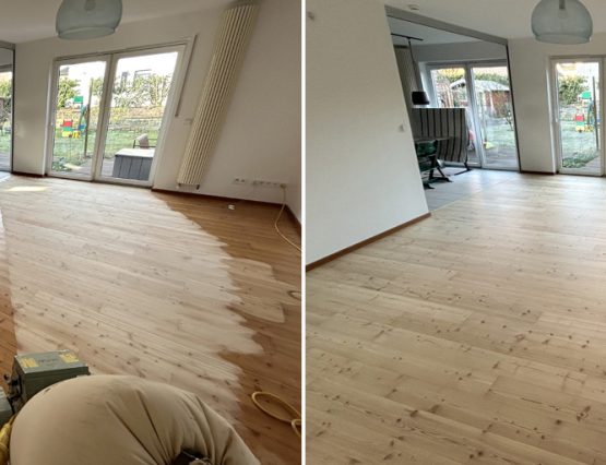 Dielen aus Kiefernholz aufhellen: Links der Raum mit altem Kiefernholzboden, der zum Teil geschliffen ist. Rechts das Bild nachher mit aufgehellten Dielen.