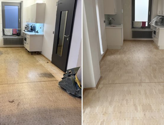 Mosaikparkett im englischen Verband renovieren: Vorher Parkett vergilt mit dunklen Flecken, nachher sauber und ohne Flecken