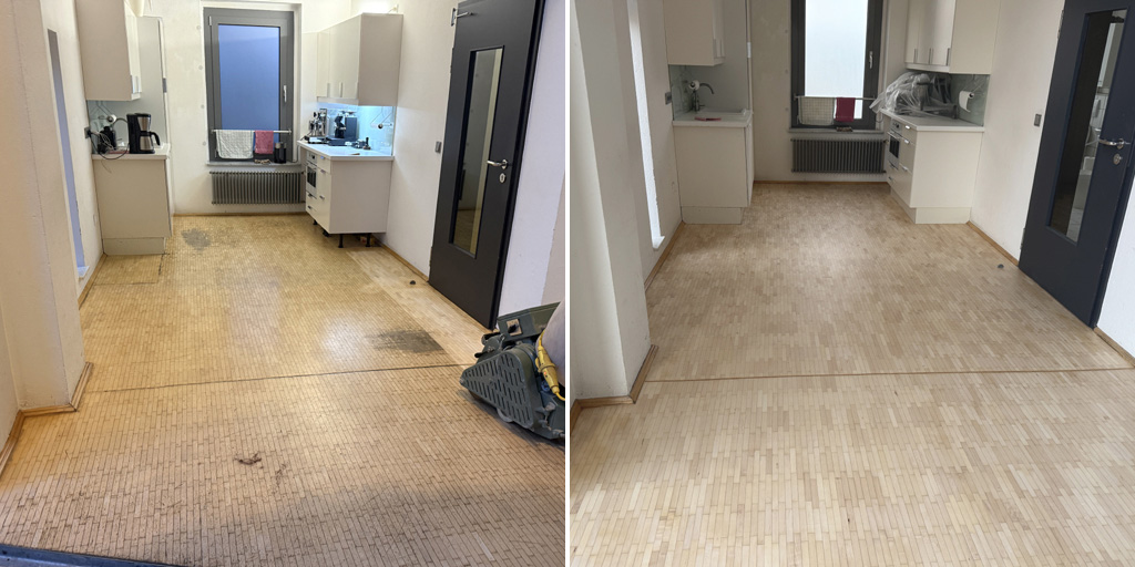 Mosaikparkett im englischen Verband renovieren: Vorher Parkett vergilt mit dunklen Flecken, nachher sauber und ohne Flecken