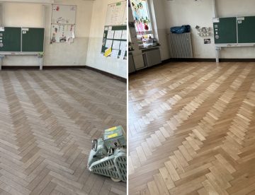 Parkett lackieren vorher und nachher – altes Parkett mit abgenutzter Lackschicht und frisch lackiert nach der Sanierung