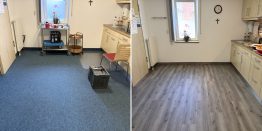 Vorher und Nachher: Teppich entfernt und dann Vinyl schwimmend verlegt im Seniorenheim in Lüdinghausen