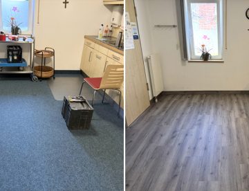 Vorher und Nachher: Teppich entfernt und dann Vinyl schwimmend verlegt im Seniorenheim in Lüdinghausen