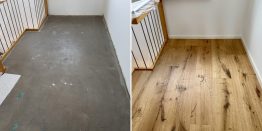 Fertigparkett verlegen: Boden ohne Parkett vorher links und nach der Parkettverlegung rechts