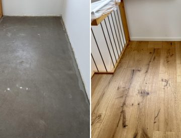 Fertigparkett verlegen: Boden ohne Parkett vorher links und nach der Parkettverlegung rechts